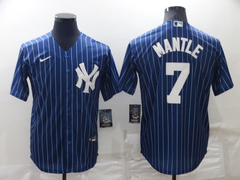 Men New York Yankees #7 Mantle Blue Stripe Throwback Nike 2022 MLB Jersey